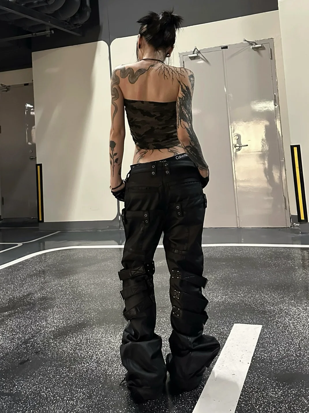 ATAnothingness | Waxed Leather-Panel Double-Waist Slim Stacked Strap Pants