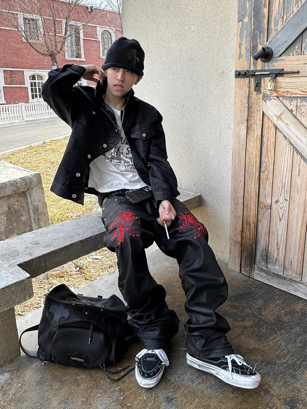 ROLLING MONEY | Double-Waist Pegasus Glitter Waxed Black Skinny Jeans