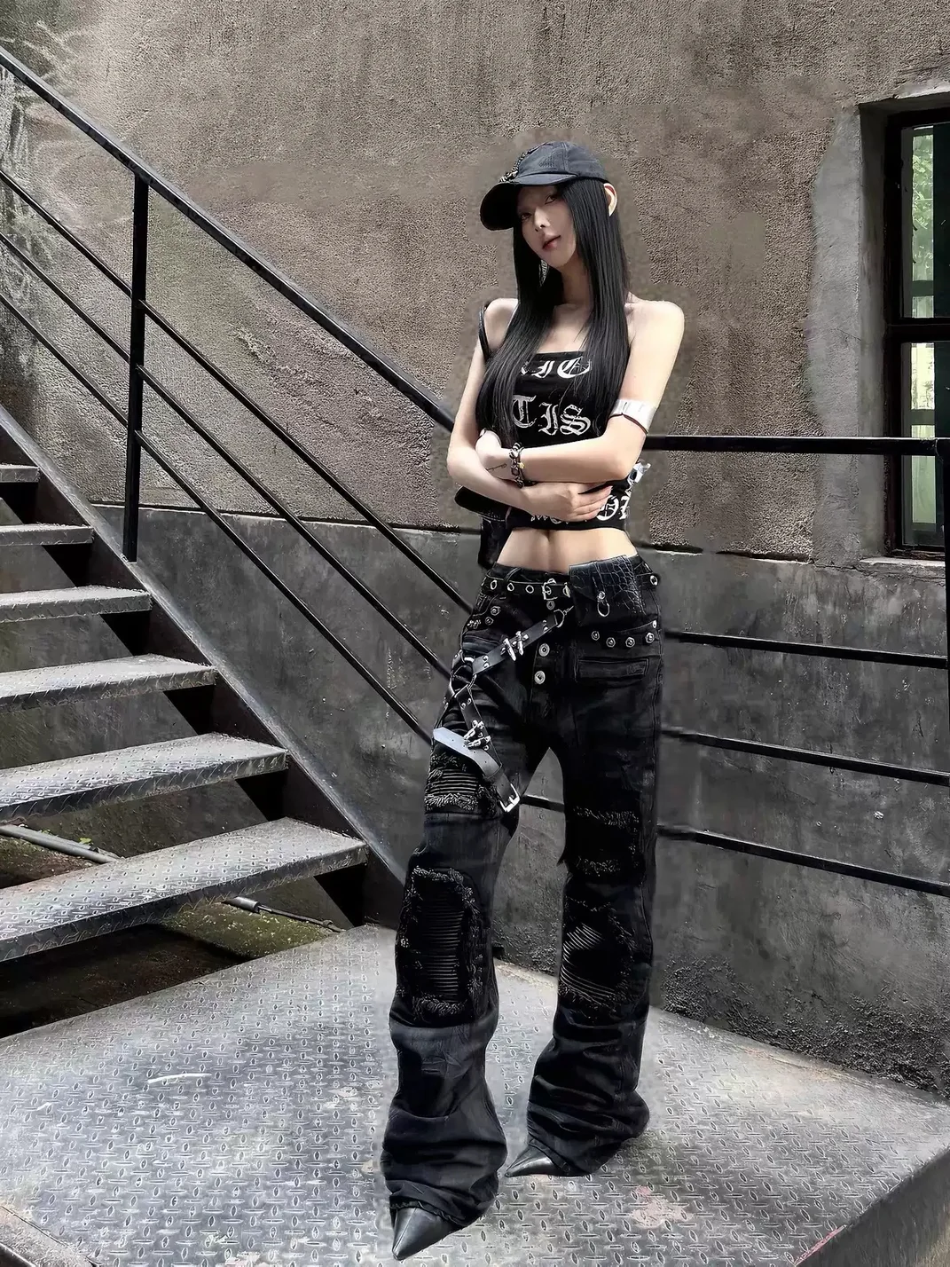 ROLLING MONEY | Black Waxed Curved-Leg Jeans