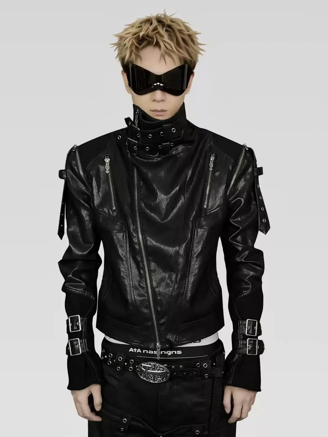 ATAnothingness | Detachable Sleeve Stand Collar Leather Jacket