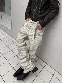 ROLLING MONEY | Waxed Distressed Curved Leg Gray White Jeans