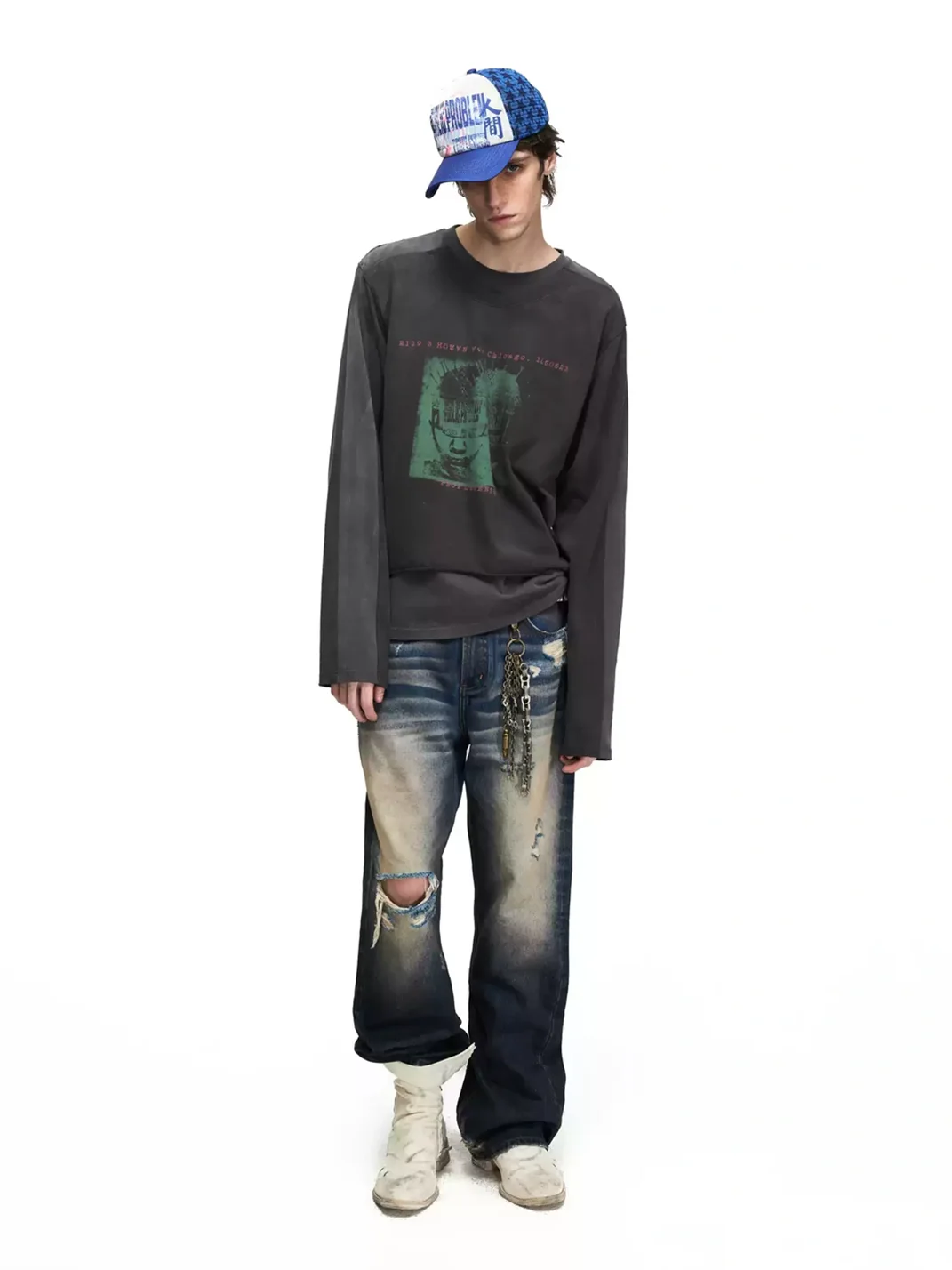 PEOPLESENSE | Distressed Portrait Print Layered-Look Long-Sleeve Loose T-Shirt