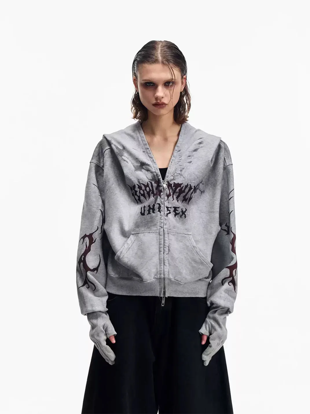 PEOPLESENSE | Distressed Loose Zip-Up Hoodie With Detachable Gloves