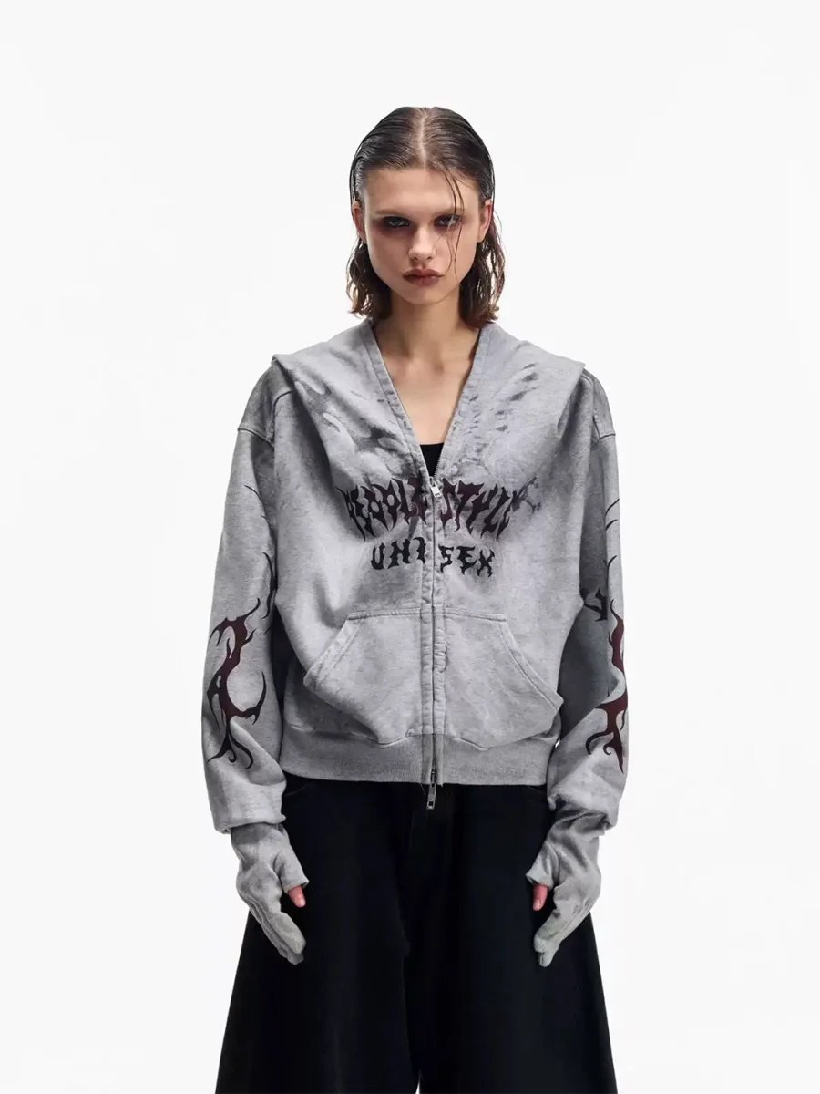 PEOPLESENSE | Distressed Loose Zip-Up Hoodie With Detachable Gloves - 2