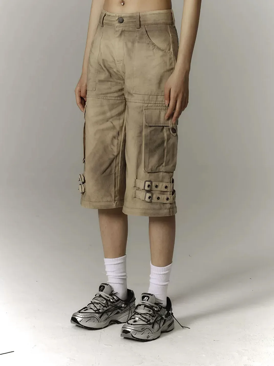 YUKAHOUSE | Washed Distressed Wide-Leg Detachable Cargo Pants
