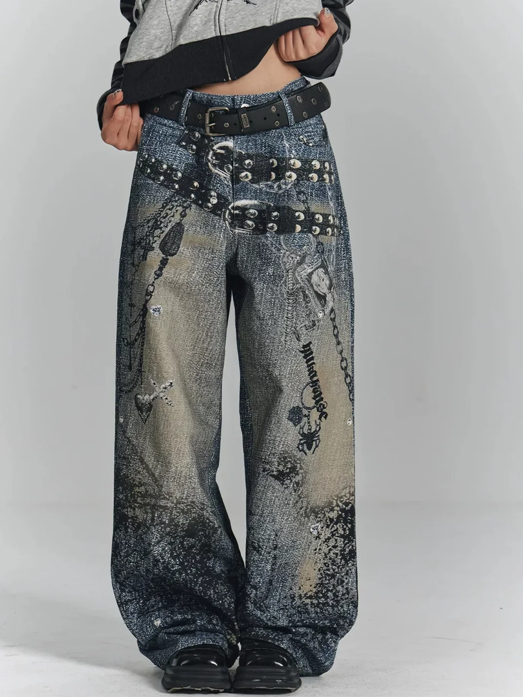 YUKAHOUSE | Loose Wide-Leg Chain Print Jeans