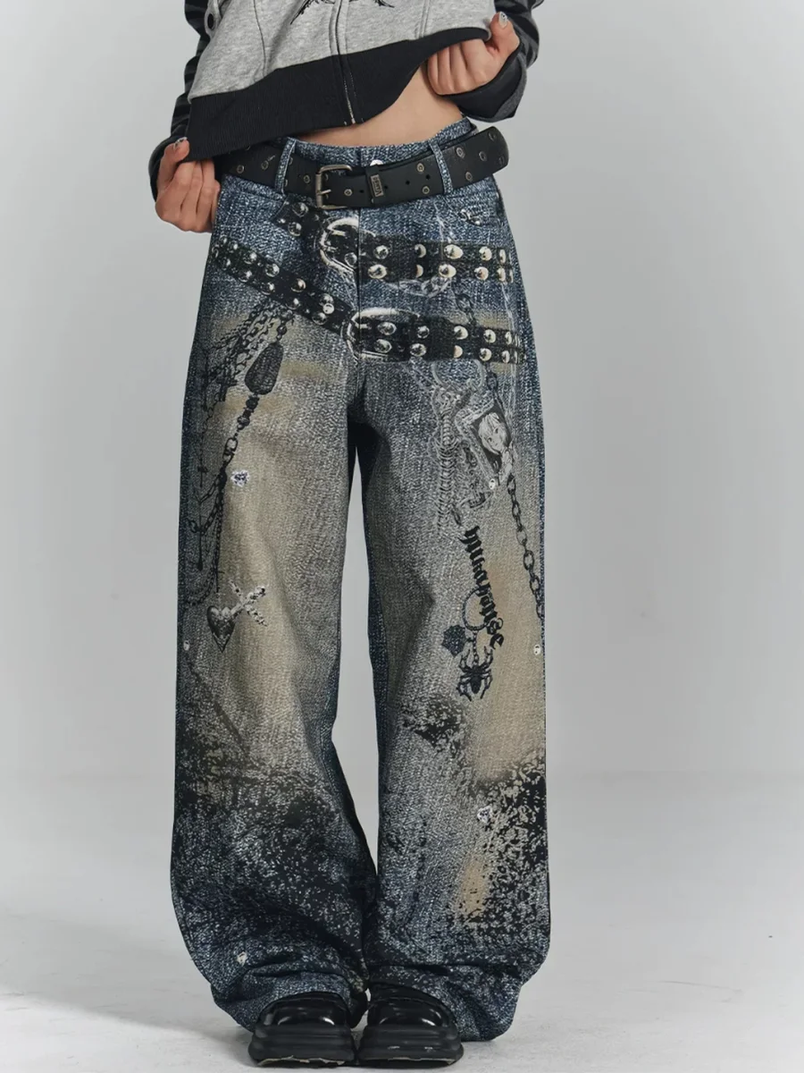 YUKAHOUSE | Loose Wide-Leg Chain Print Jeans - 3