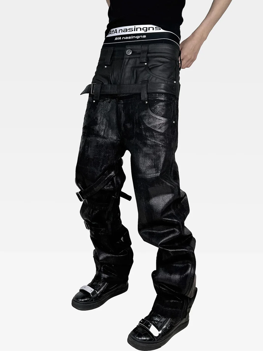 ATAnothingness | Double Waist Waxed Foil-Stamped Jeans
