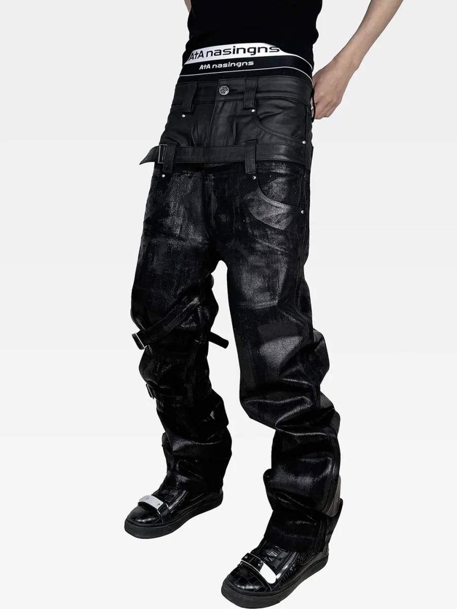 ATAnothingness | Double Waist Waxed Foil-Stamped Jeans - 2