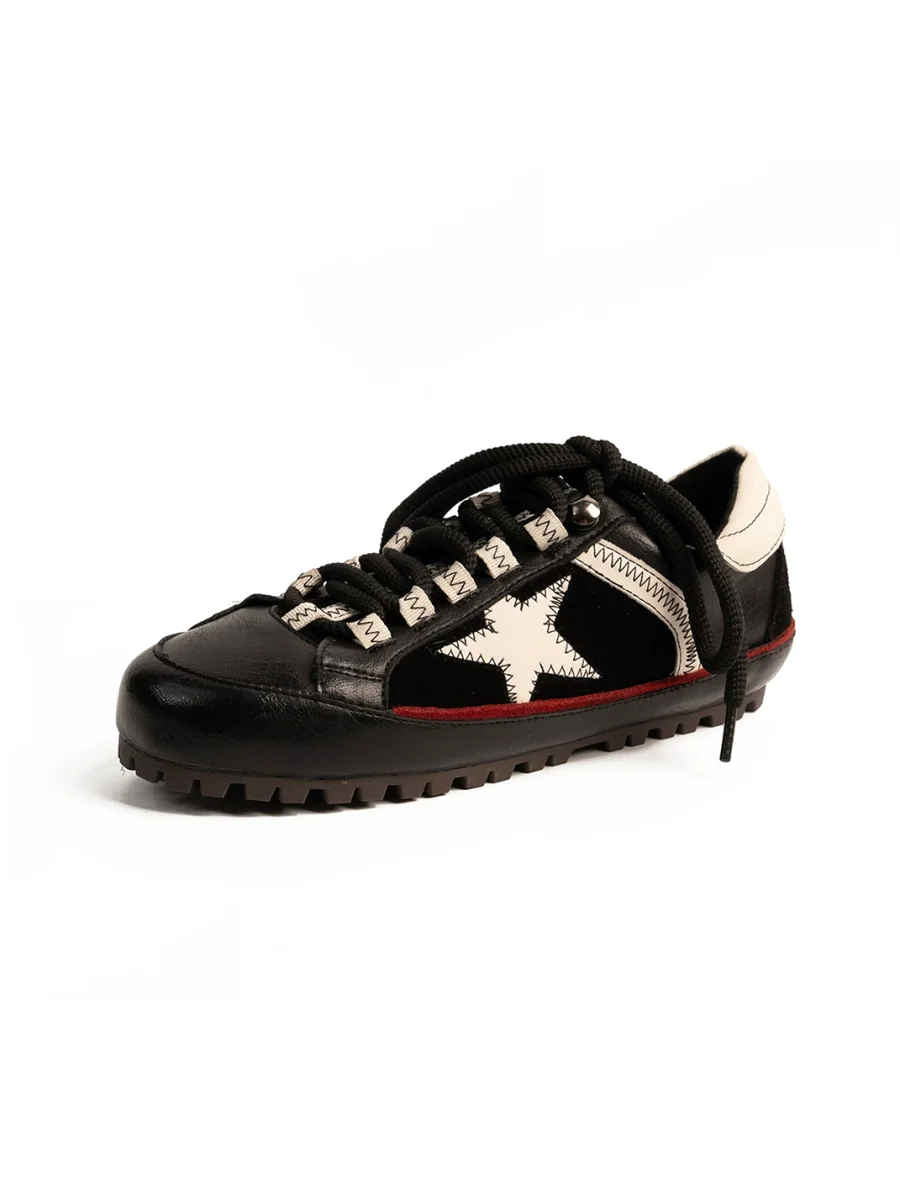 ZHUDAGE | Retro Leather Star Patchwork Lace-Up Sneakers - 4