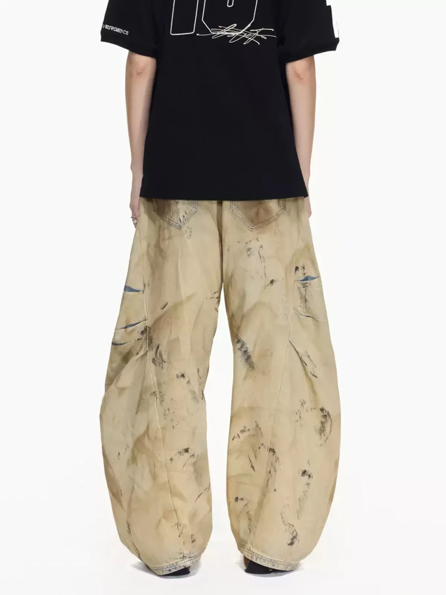 PEOPLESENSE | Mud-Dyed Distressed Loose Curved Wide-Leg Jeans - 4