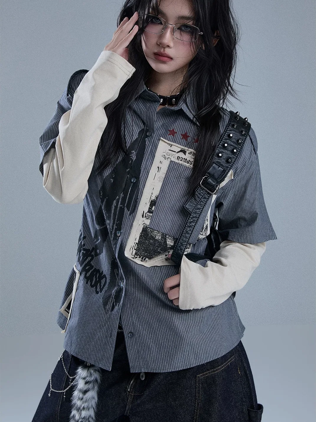 YUKAHOUSE | Unisex Faux-Layered Patchwork Long-Sleeve Shirt