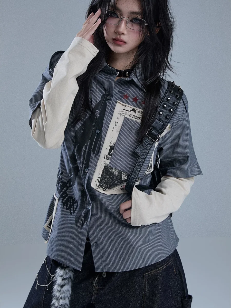 YUKAHOUSE | Unisex Faux-Layered Patchwork Long-Sleeve Shirt - 4