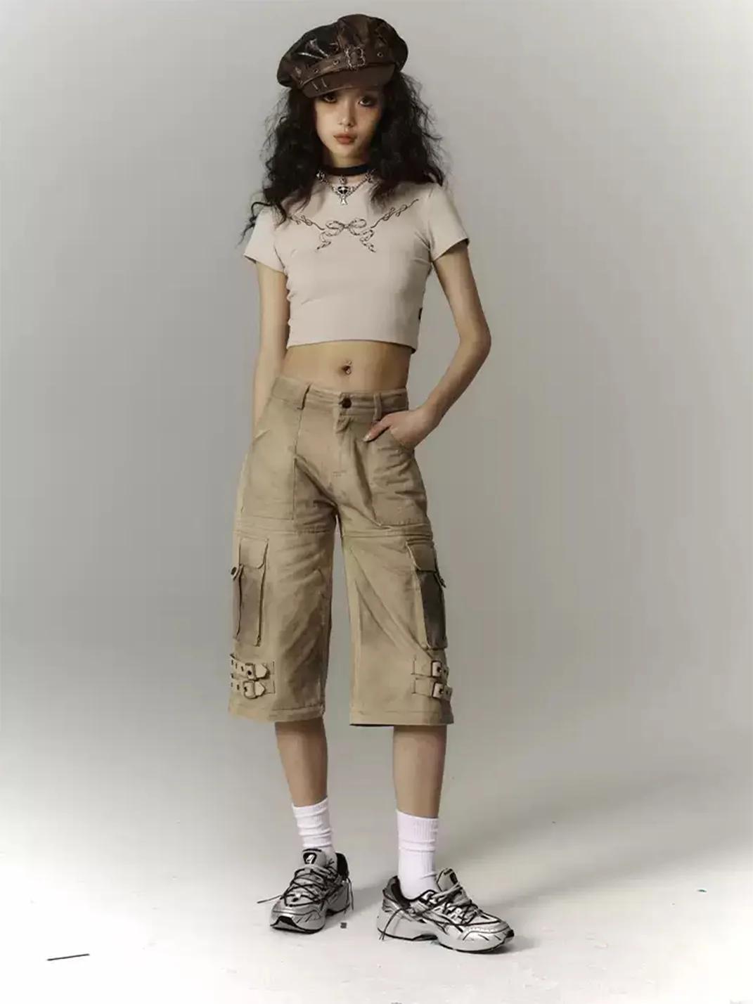 YUKAHOUSE | Washed Distressed Wide-Leg Detachable Cargo Pants