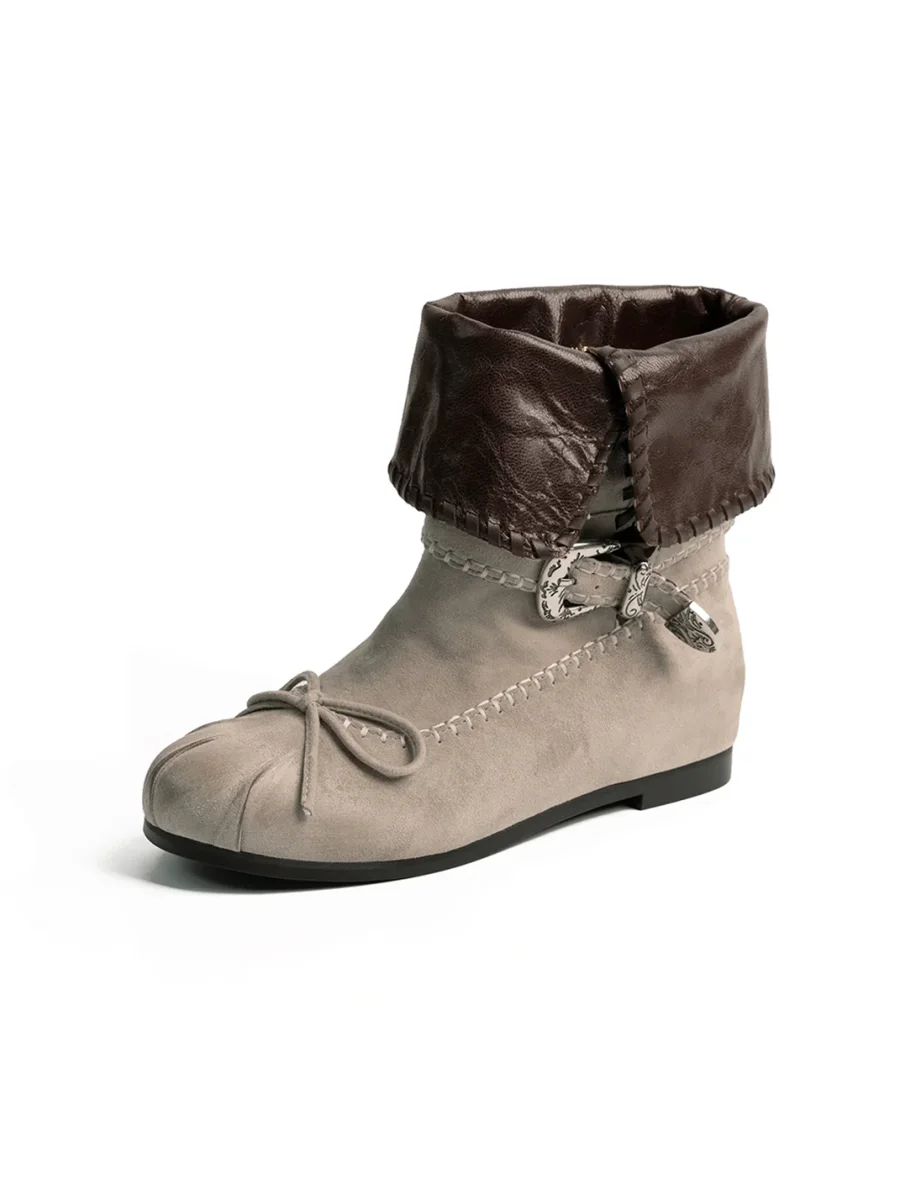 ZHUDAGE | Leather Fold-Over Bow Ankle Boots - 4