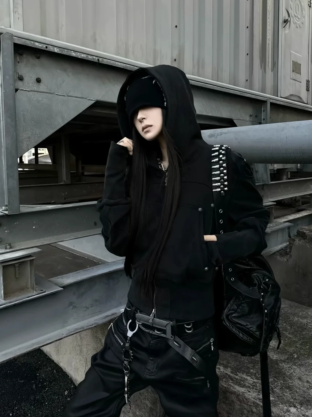 ATAnothingness | Washed Black Armored Shoulder Zip-Up Hoodie