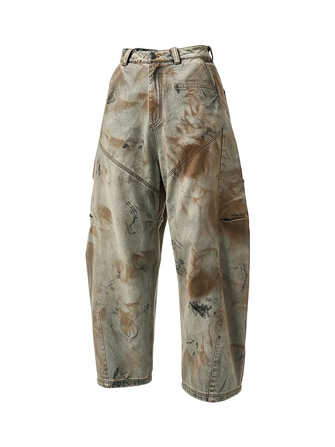 PEOPLESENSE | Mud-Dyed Distressed Loose Curved Wide-Leg Jeans