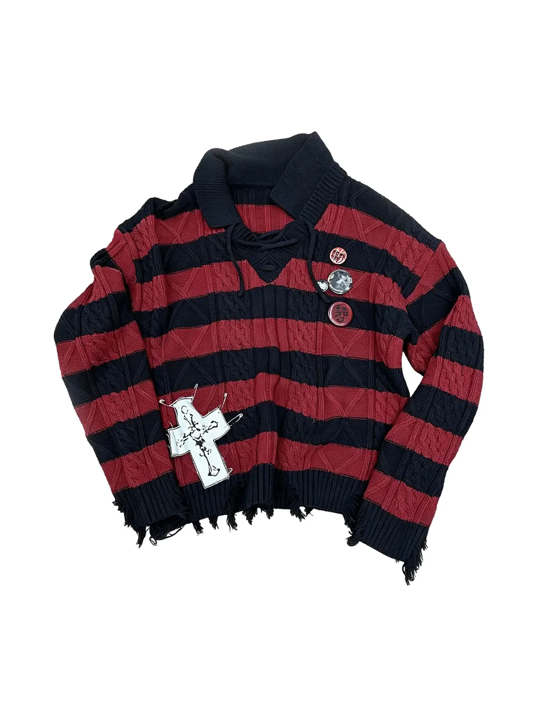 YUKAHOUSE | Distressed Striped Tie-Neck V-Neck Polo Sweater
