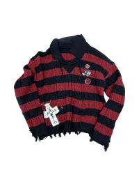 YUKAHOUSE | Distressed Striped Tie-Neck V-Neck Polo Sweater