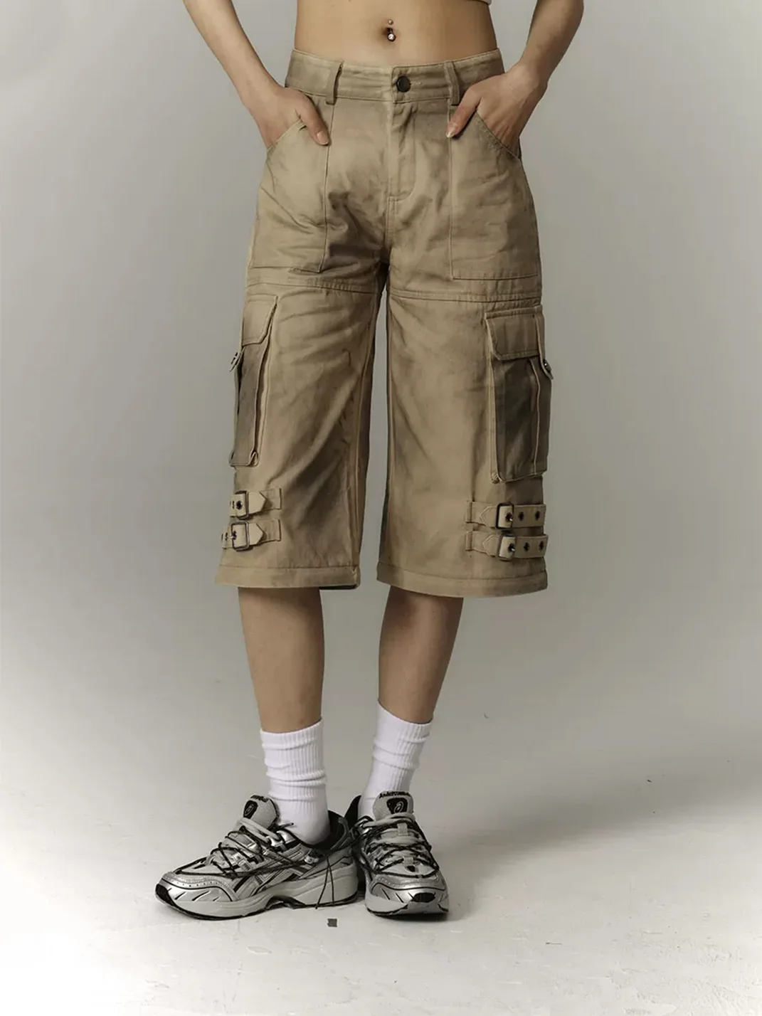 YUKAHOUSE | Washed Distressed Wide-Leg Detachable Cargo Pants