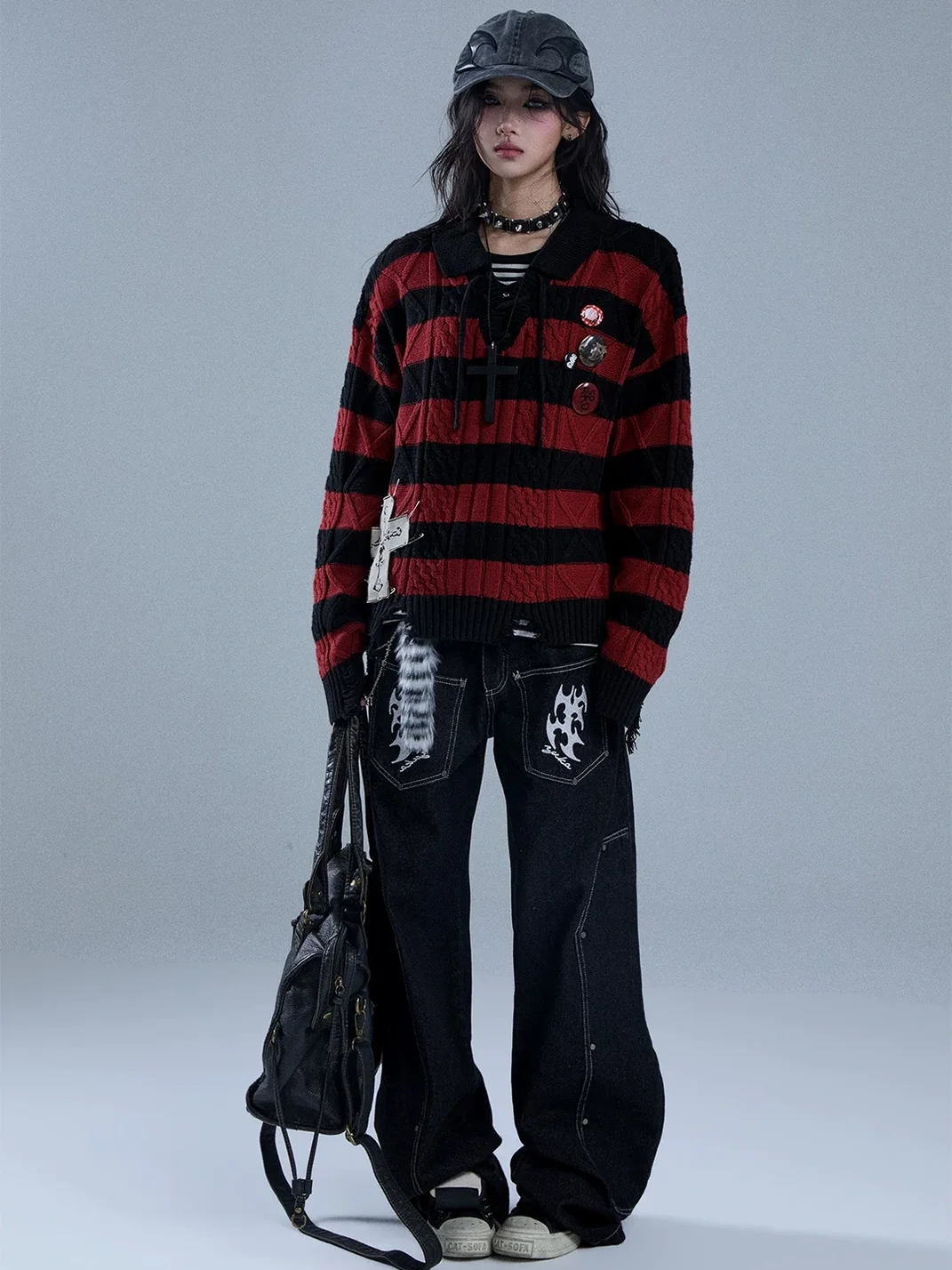 YUKAHOUSE | Distressed Striped Tie-Neck V-Neck Polo Sweater