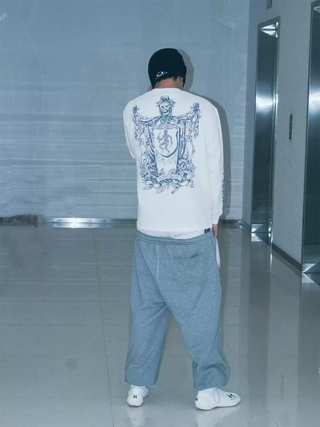 JADEGANG | White Skull Print Loose Long Sleeve T-Shirt