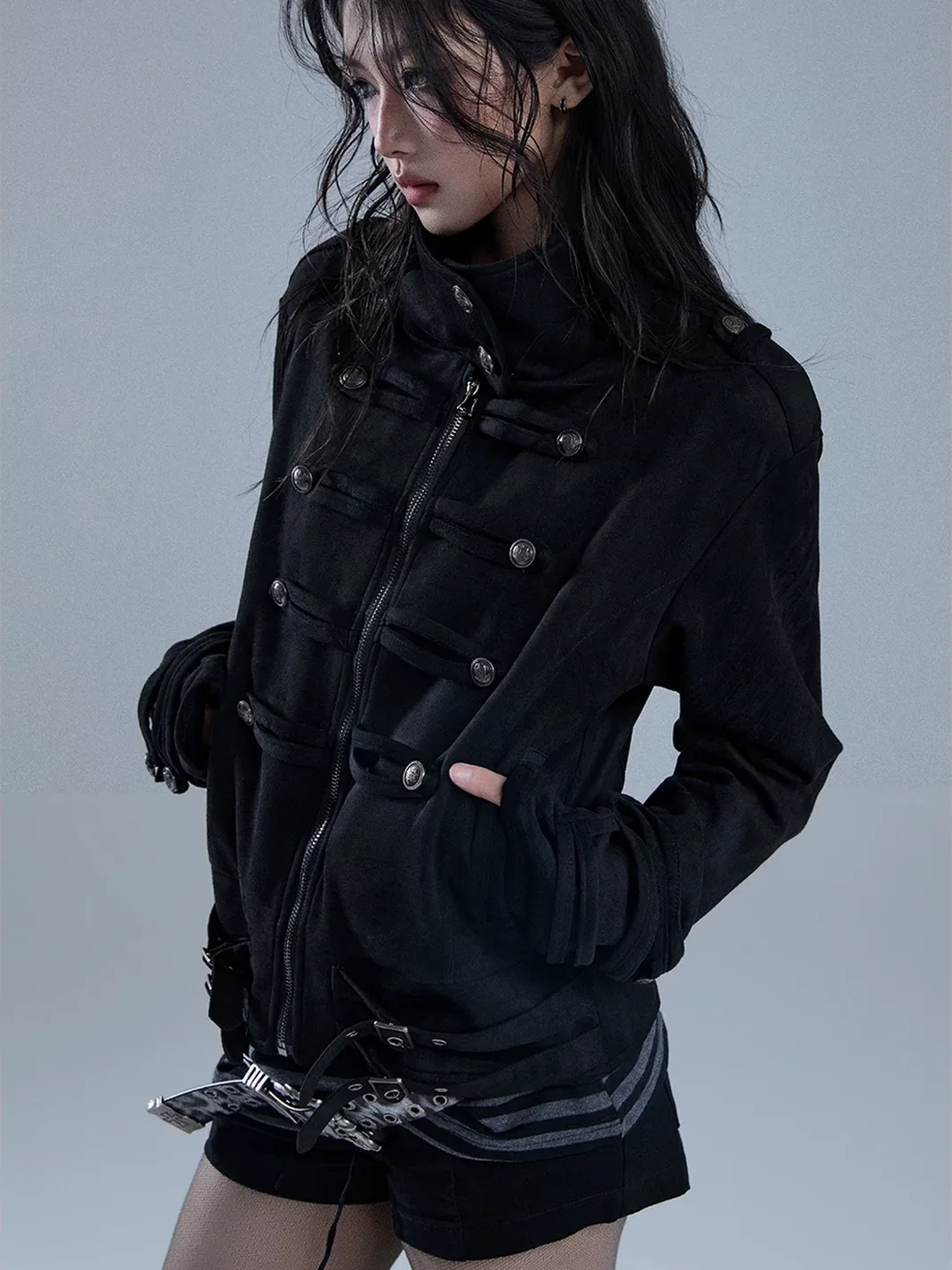 YUKAHOUSE | High-Neck Cropped Punk Motorcycle Jacket