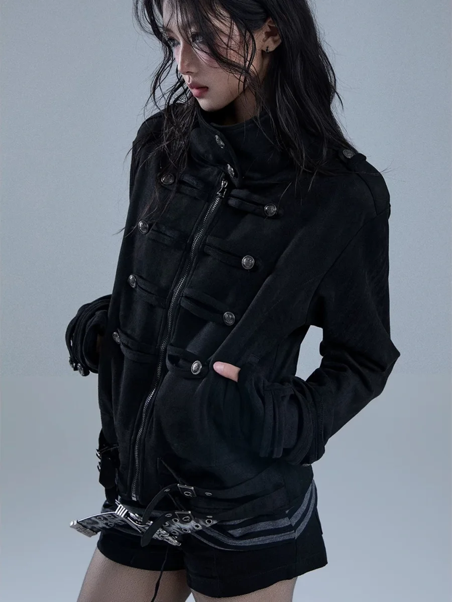 YUKAHOUSE | High-Neck Cropped Punk Motorcycle Jacket - 3