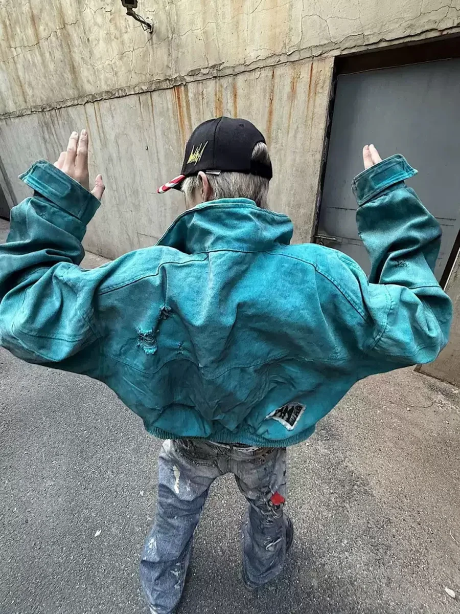 ROLLING MONEY | Tiffany Blue Distressed Applique Jacket - 4