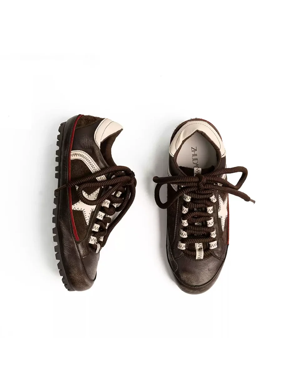ZHUDAGE | Retro Leather Star Patchwork Lace-Up Sneakers - 2