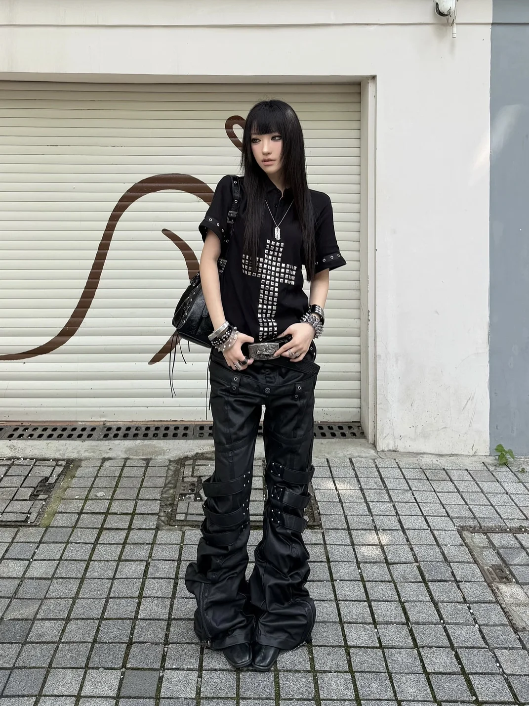 ATAnothingness | Waxed Leather-Panel Double-Waist Slim Stacked Strap Pants