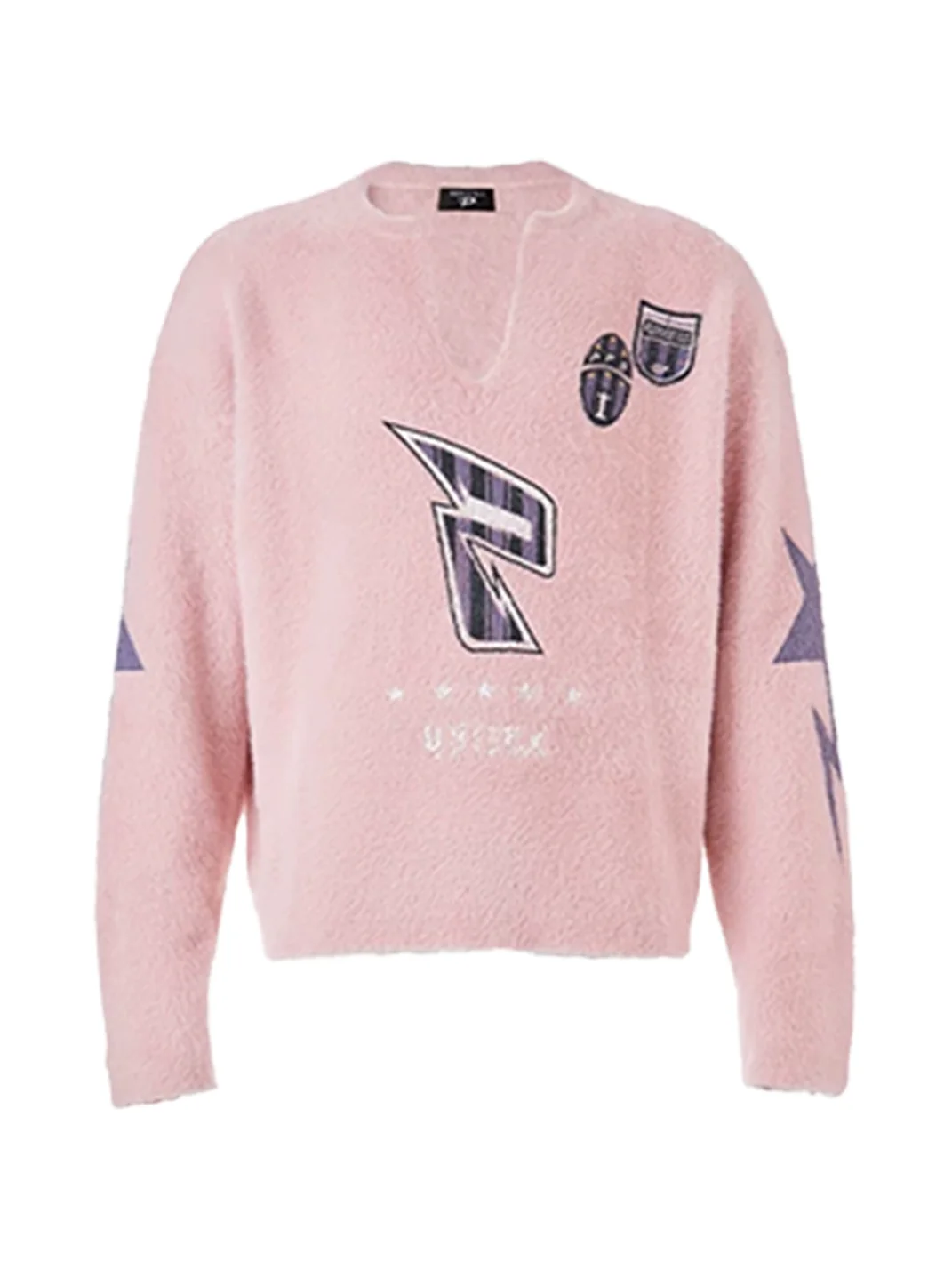 PEOPLESENSE | Loose Badge Print Faux-Mink V-Neck Pullover Sweater