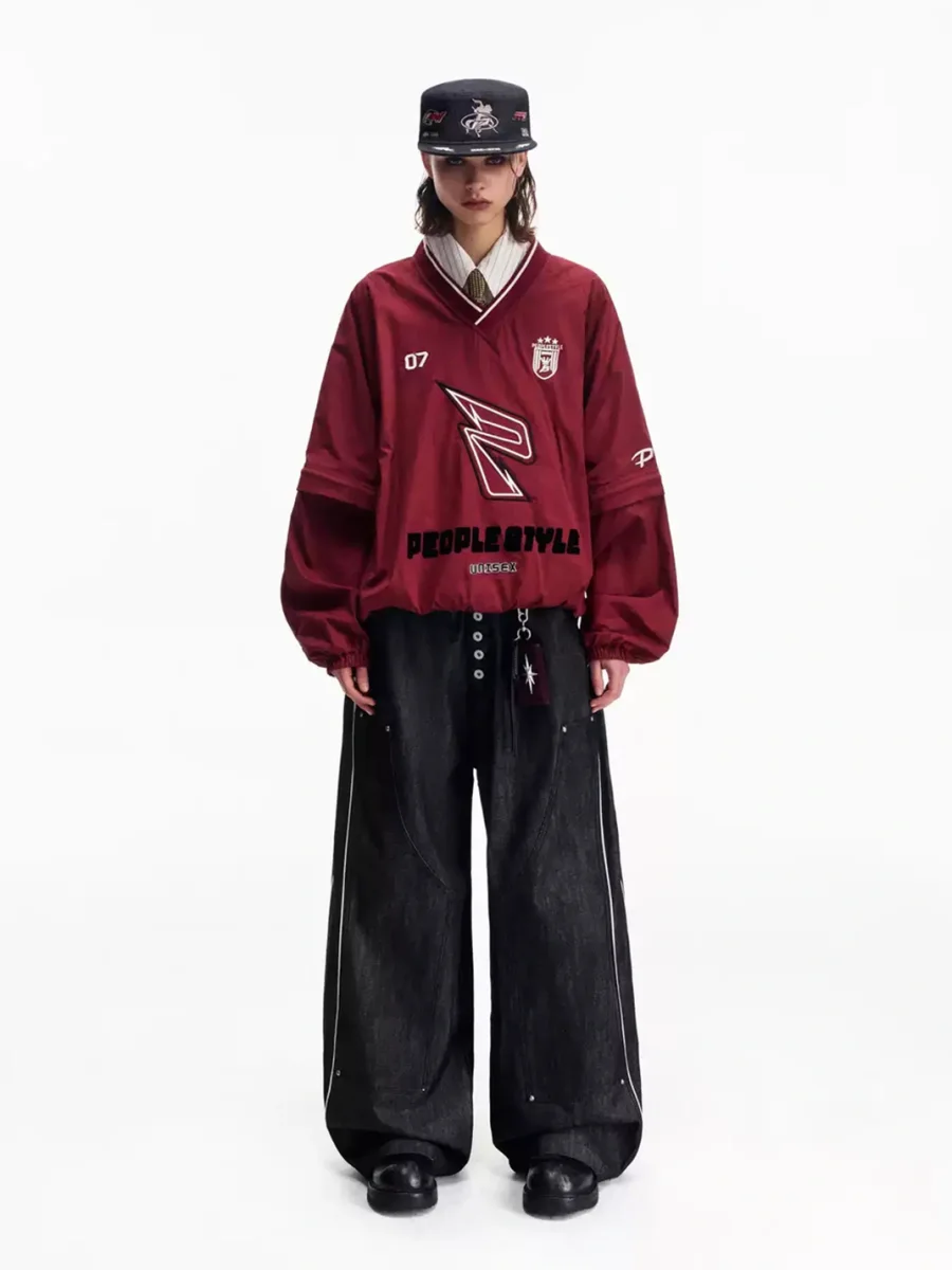 PEOPLESENSE | Loose Embroidered V-Neck Sweatshirt With Detachable Sleeves - 3