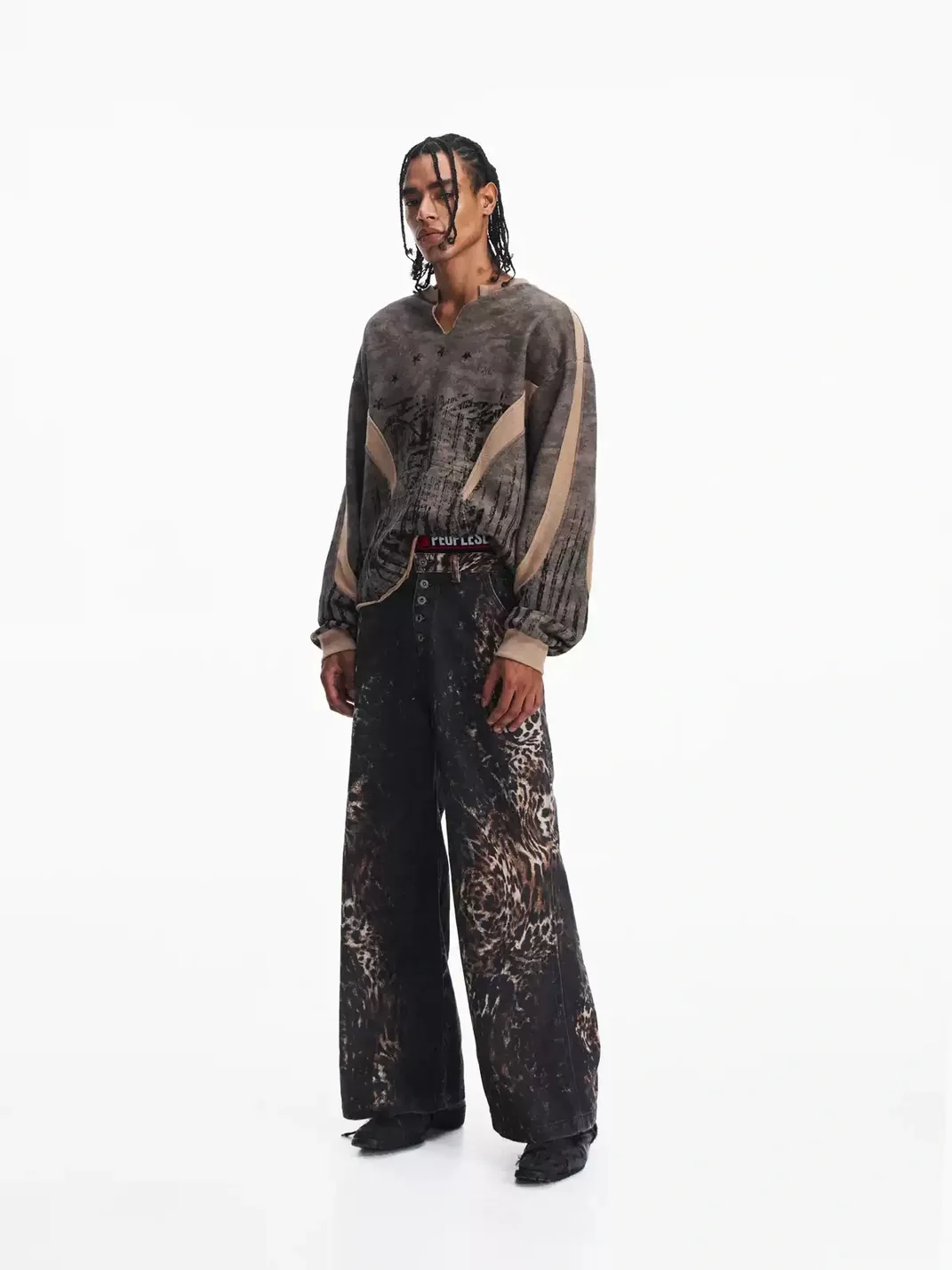 PEOPLESENSE | Distressed Camouflage Contrast Panel Long Sleeve Sweatshirt