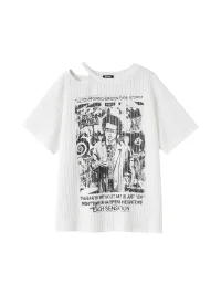 YUKAHOUSE | Graphic Shoulder Cutout Short-Sleeve Knit T-Shirt