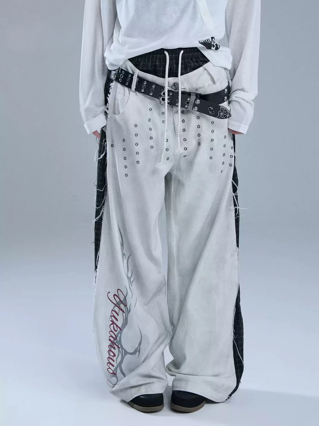 YUKAHOUSE | Distressed Layered-Look Frayed Straight-Leg Pants