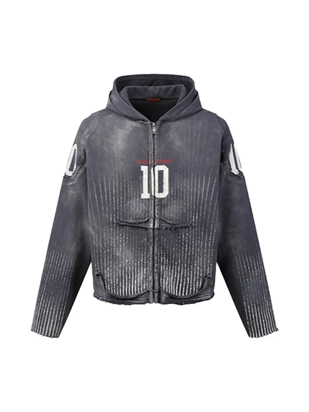 PEOPLESENSE | Distressed Number Print Loose-Fit Zip-Up Hoodie