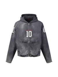 PEOPLESENSE | Distressed Number Print Loose-Fit Zip-Up Hoodie