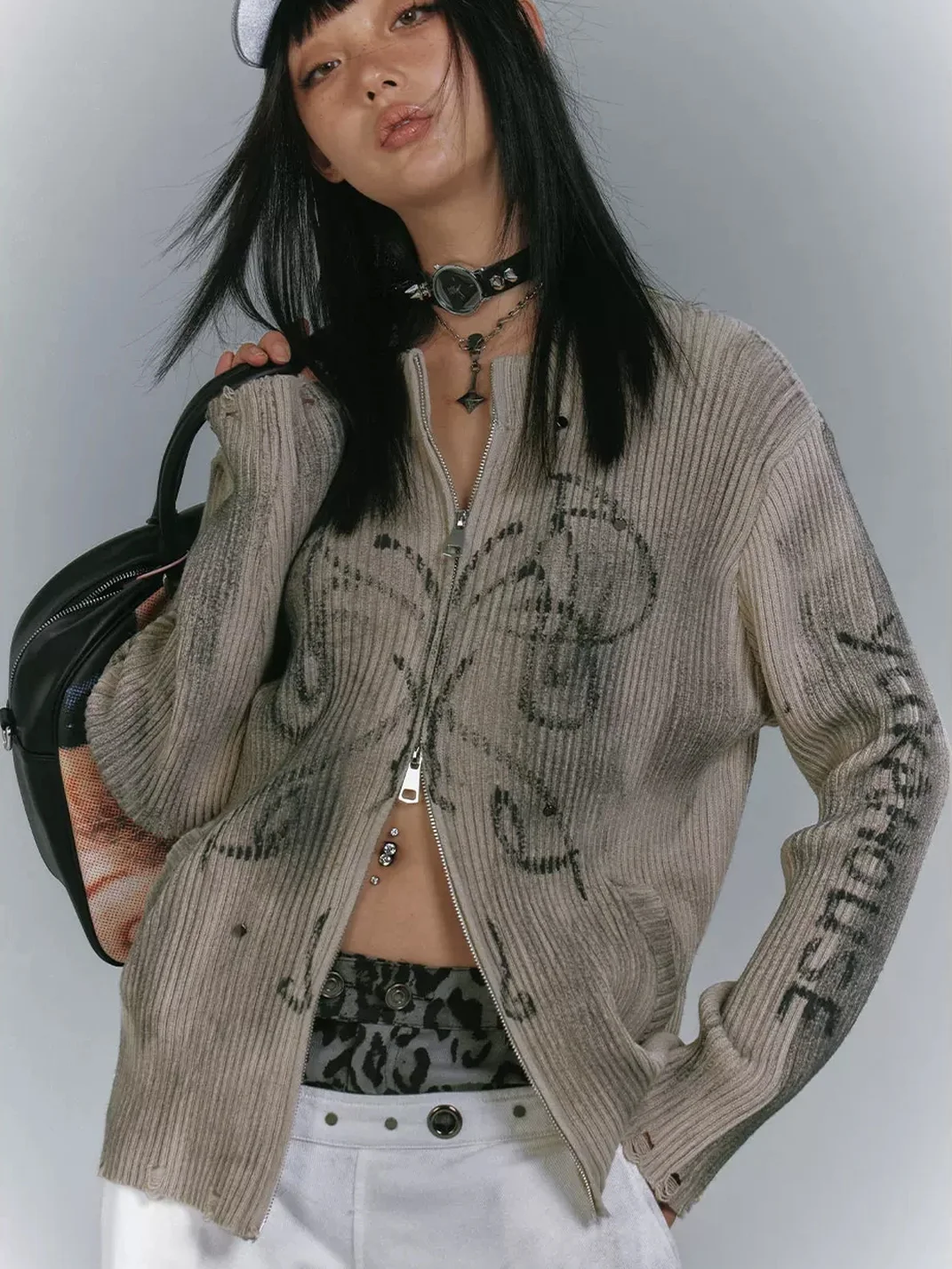 YUKAHOUSE | Distressed Loose-Fit Knit Cardigan