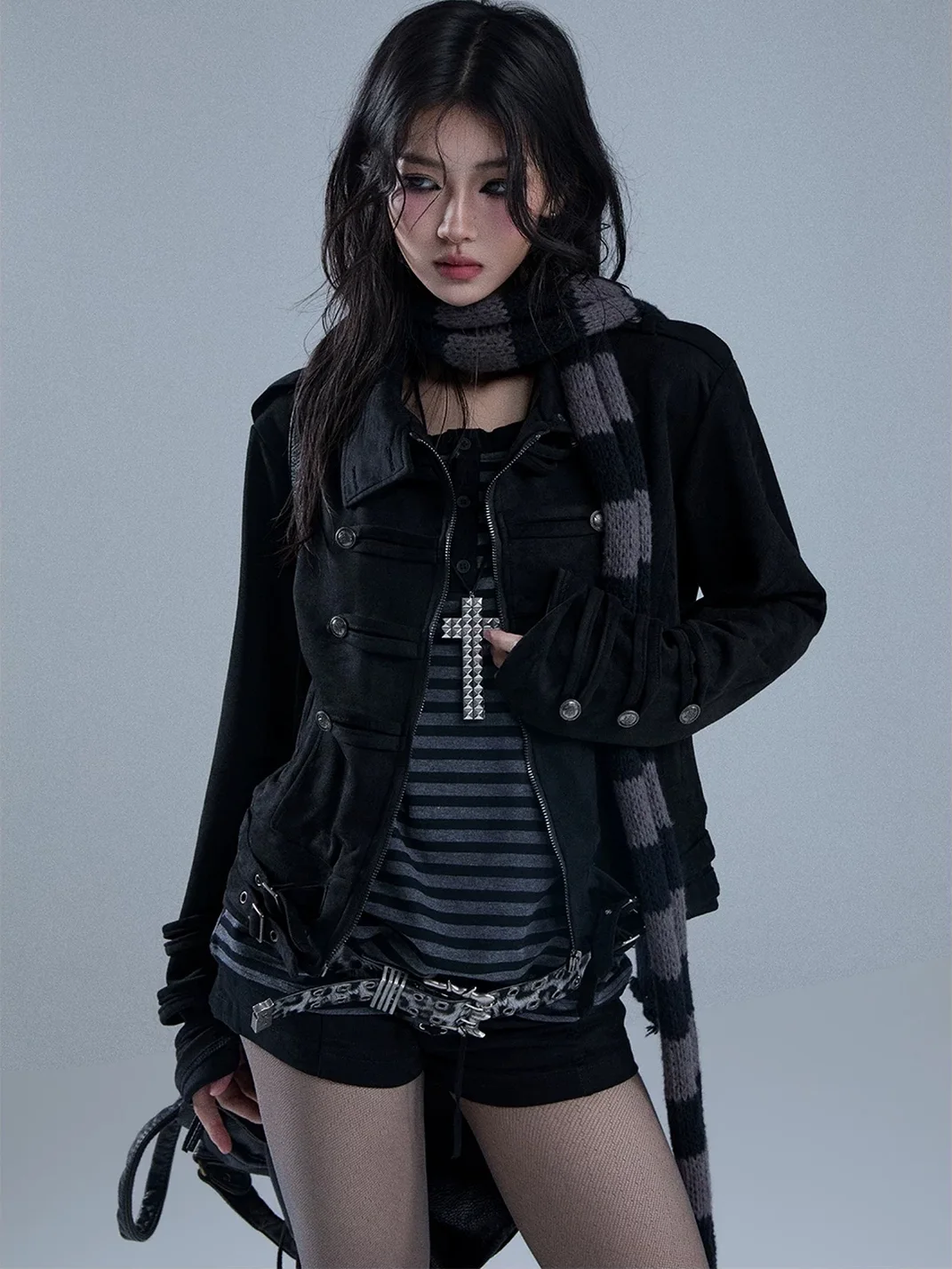 YUKAHOUSE | High-Neck Cropped Punk Motorcycle Jacket