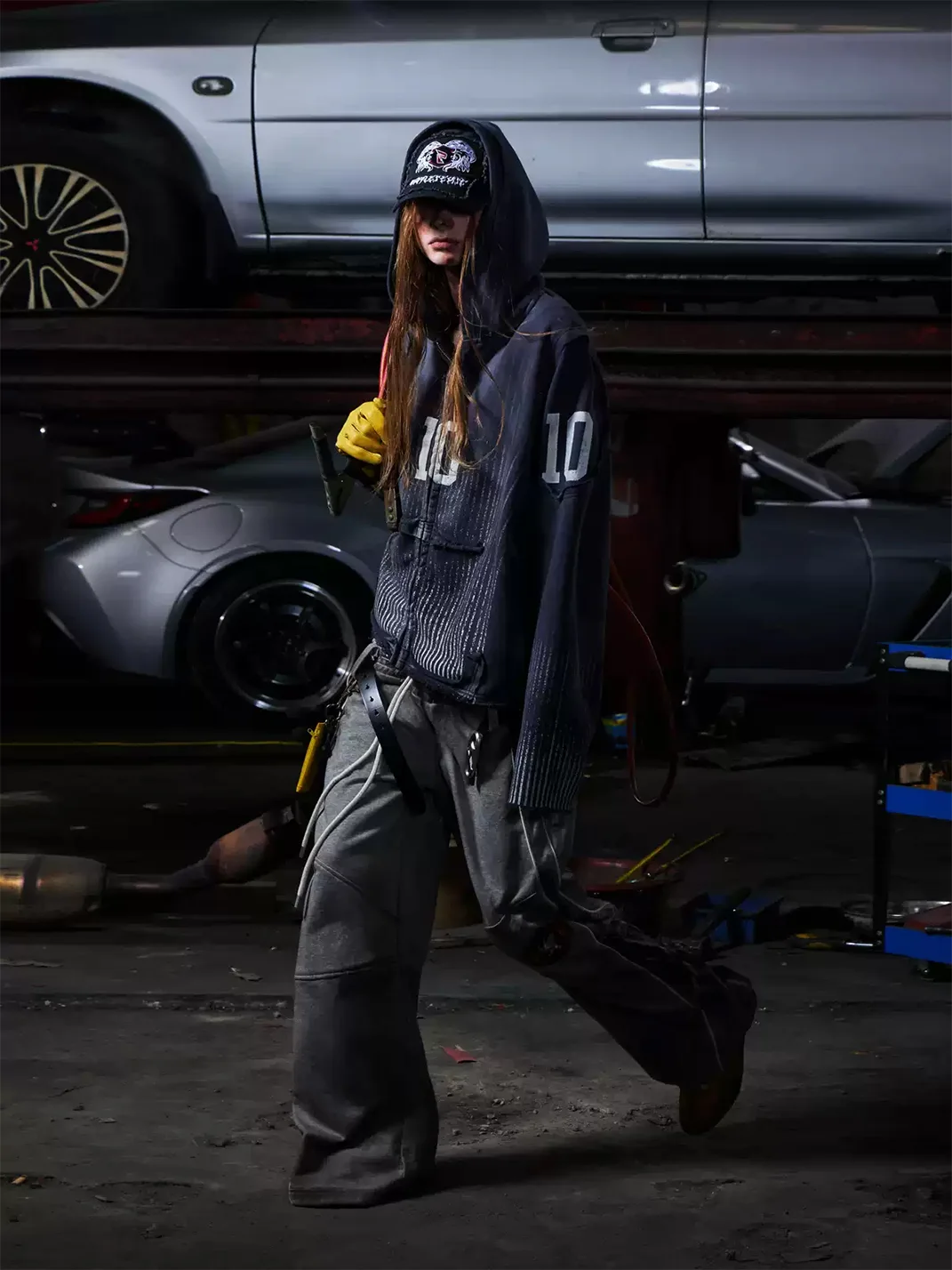 PEOPLESENSE | Distressed Number Print Loose-Fit Zip-Up Hoodie