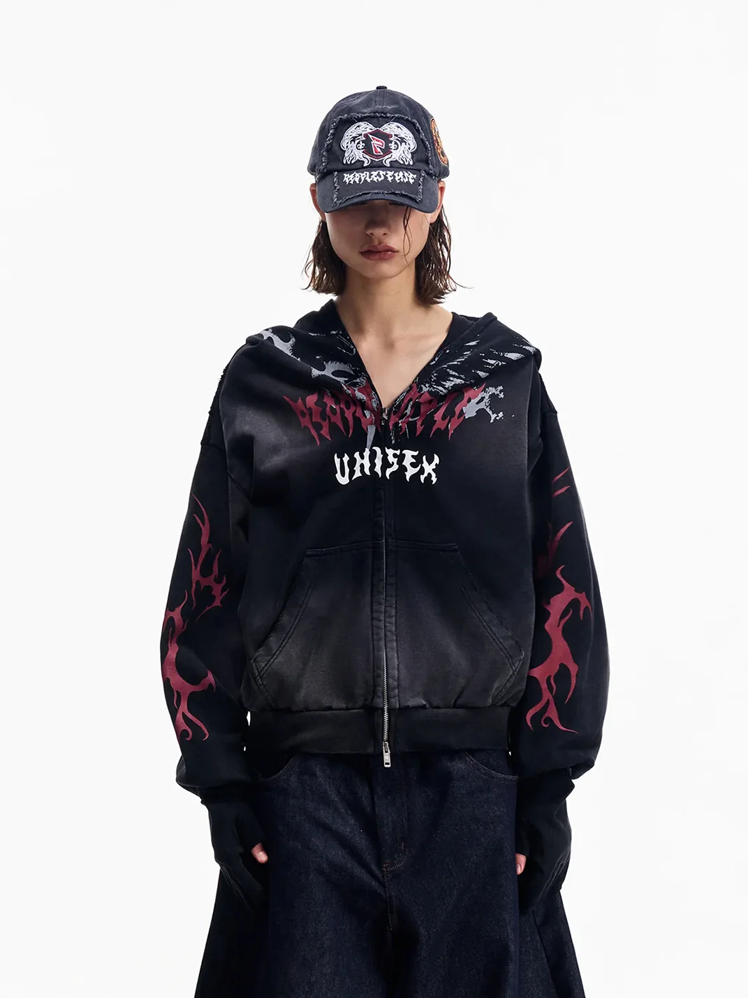 PEOPLESENSE | Distressed Loose Zip-Up Hoodie With Detachable Gloves