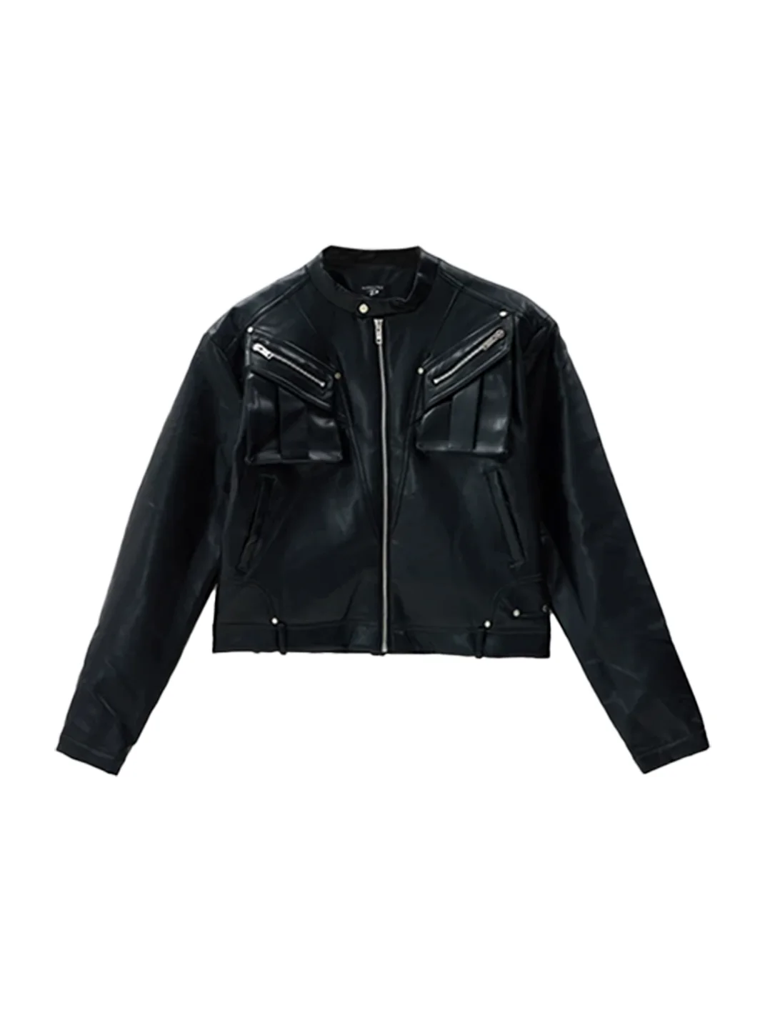 PEOPLESENSE | Cropped Stand Collar Motorcycle Jacket With Metal Zipper