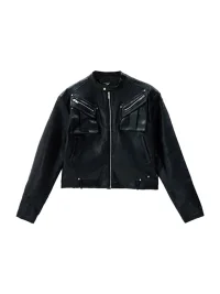 PEOPLESENSE | Cropped Stand Collar Motorcycle Jacket With Metal Zipper
