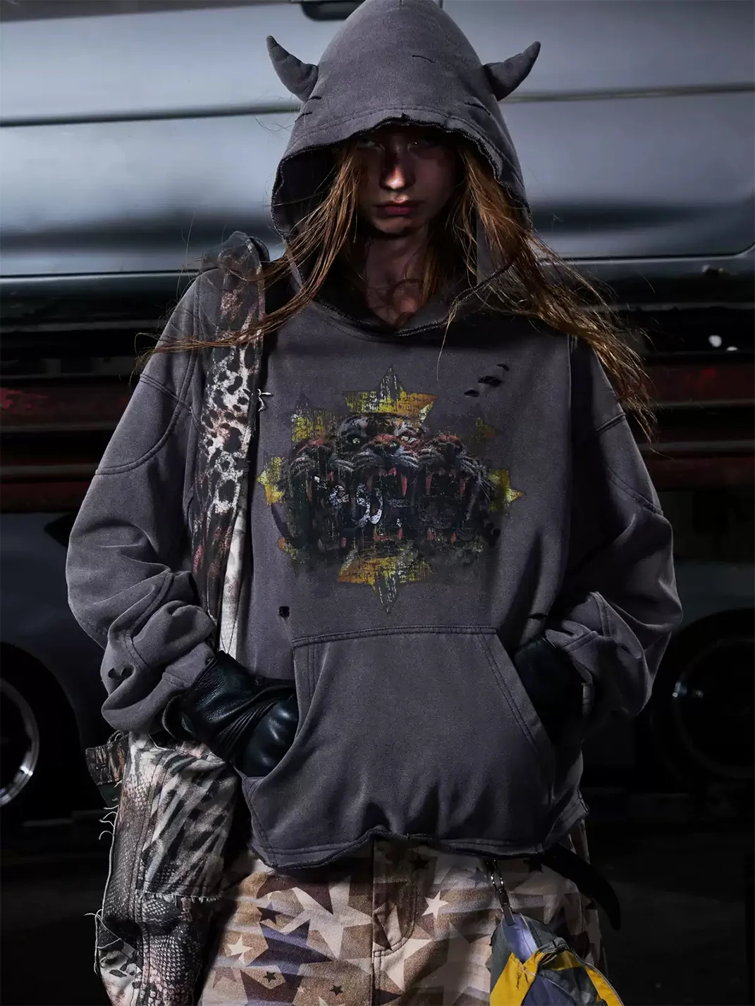 PEOPLESENSE | Washed Gradient Distressed Graphic Loose-Fit Hoodie