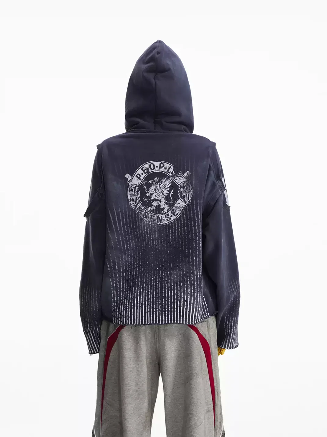 PEOPLESENSE | Distressed Number Print Loose-Fit Zip-Up Hoodie