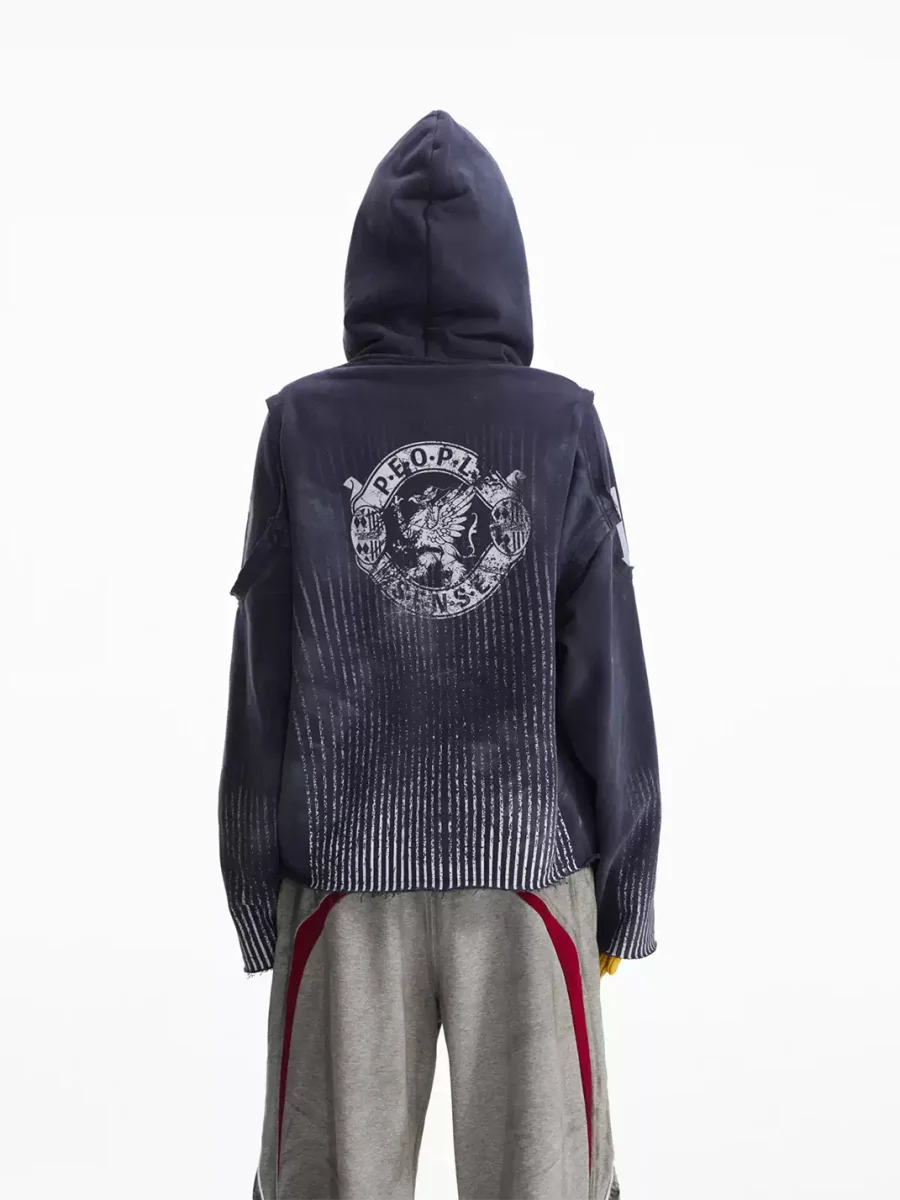PEOPLESENSE | Distressed Number Print Loose-Fit Zip-Up Hoodie - 3