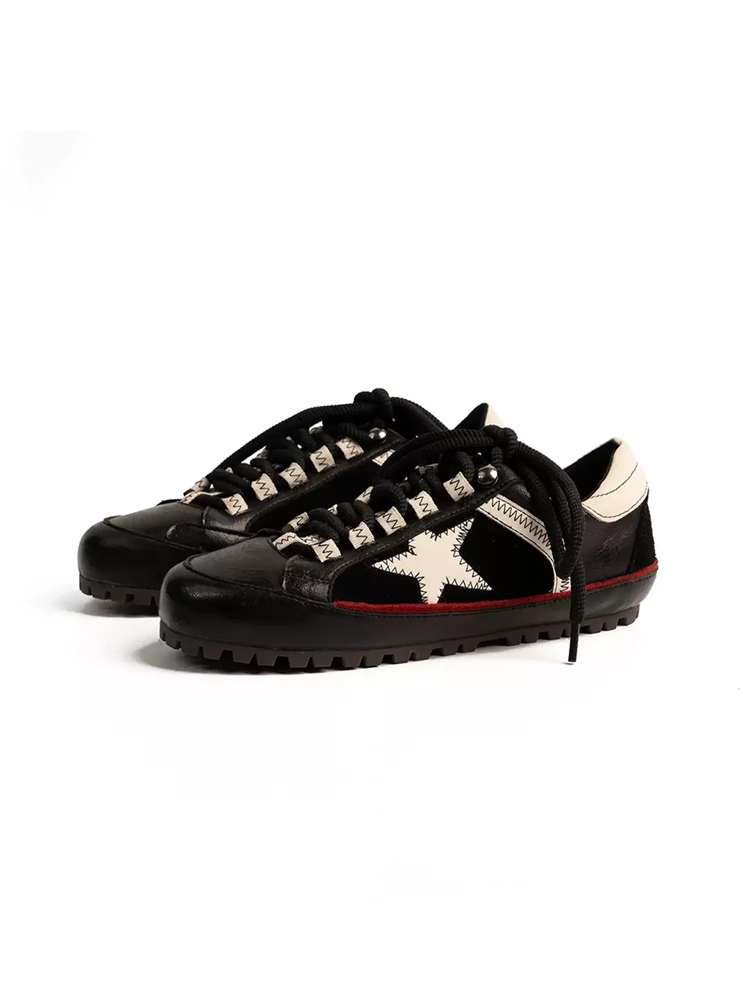 ZHUDAGE | Retro Leather Star Patchwork Lace-Up Sneakers