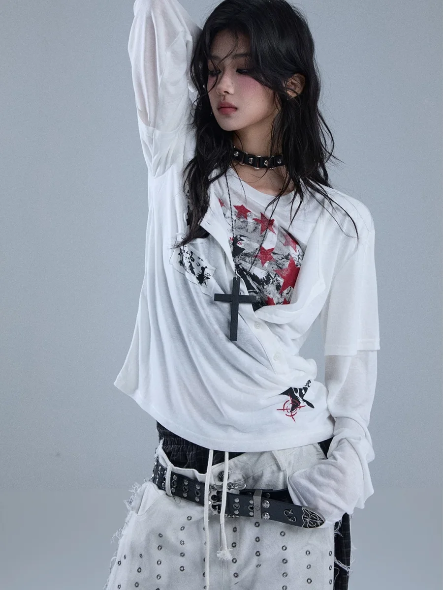 YUKAHOUSE | Faux-Layered Graphic Patch Long Sleeve T-Shirt - 3