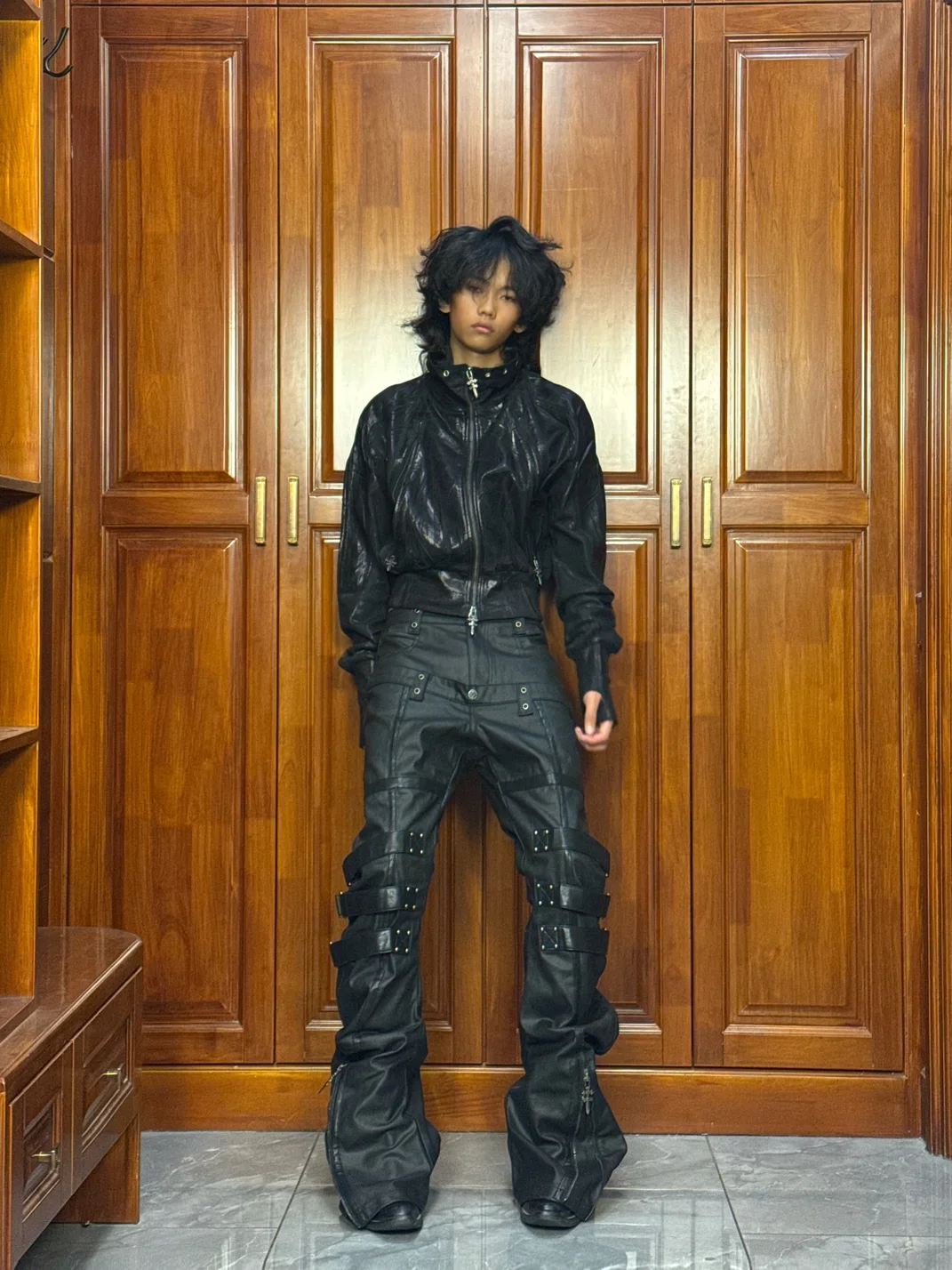 ATAnothingness | Waxed Leather-Panel Double-Waist Slim Stacked Strap Pants